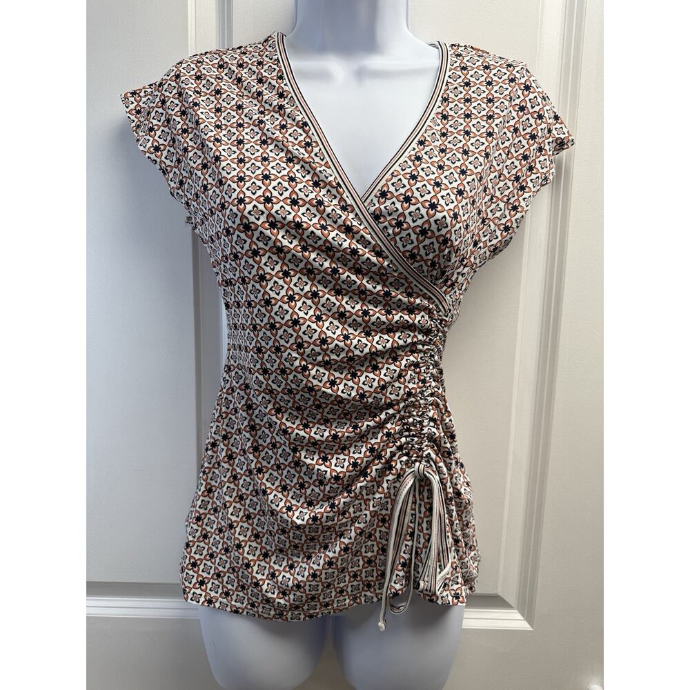 Max Studio Top Womens X-Small White Blouse Shirt Ruched Wrap Knit Career New - Picture 2 of 13